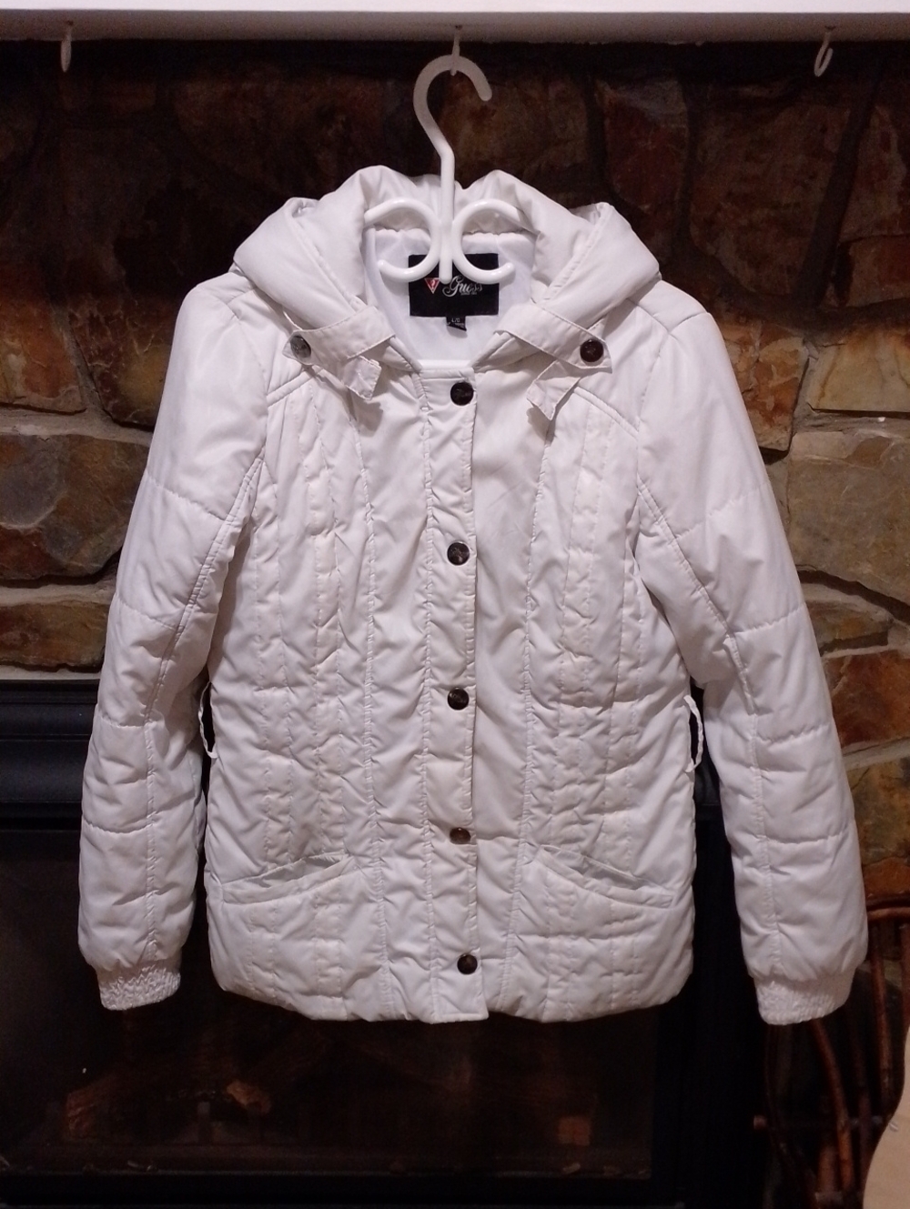 Guess White Quilted Hooded Puffer Jacket Button Up